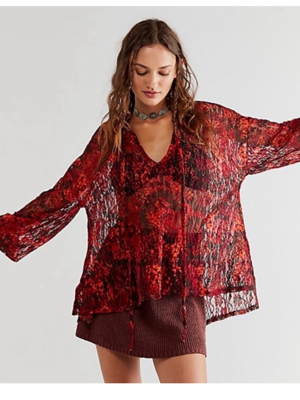 Free People Oversized XS “Out For The Night” Red Black Semi Sheer Lace Top NWT